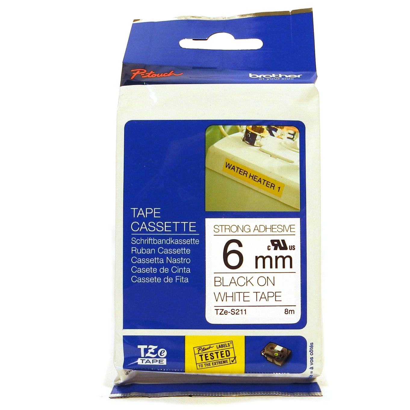 6mm Black on White (Strong Adhesive) Brother P-Touch Tape TZeS211 - HTZS211