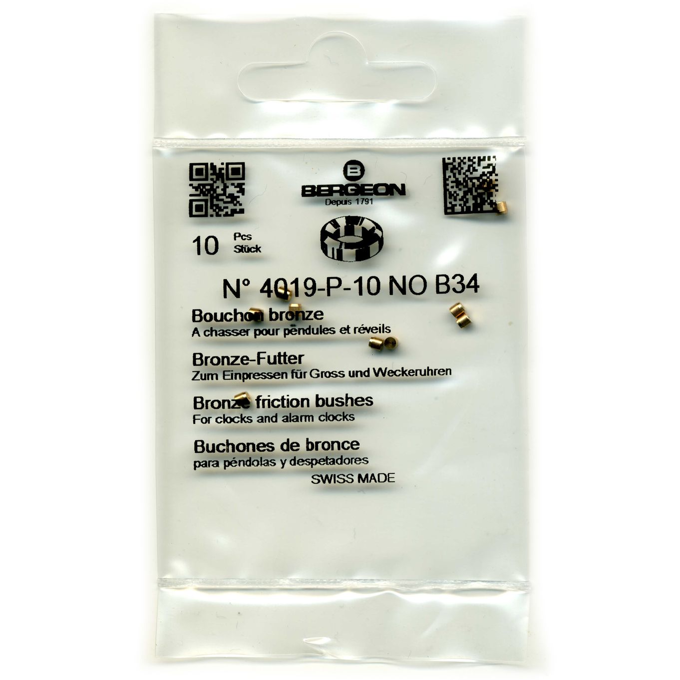 Bronze Clock Bushes B34 0.45mm x 2.00mm x 2.00mm Bergeon 4019 - CB1834