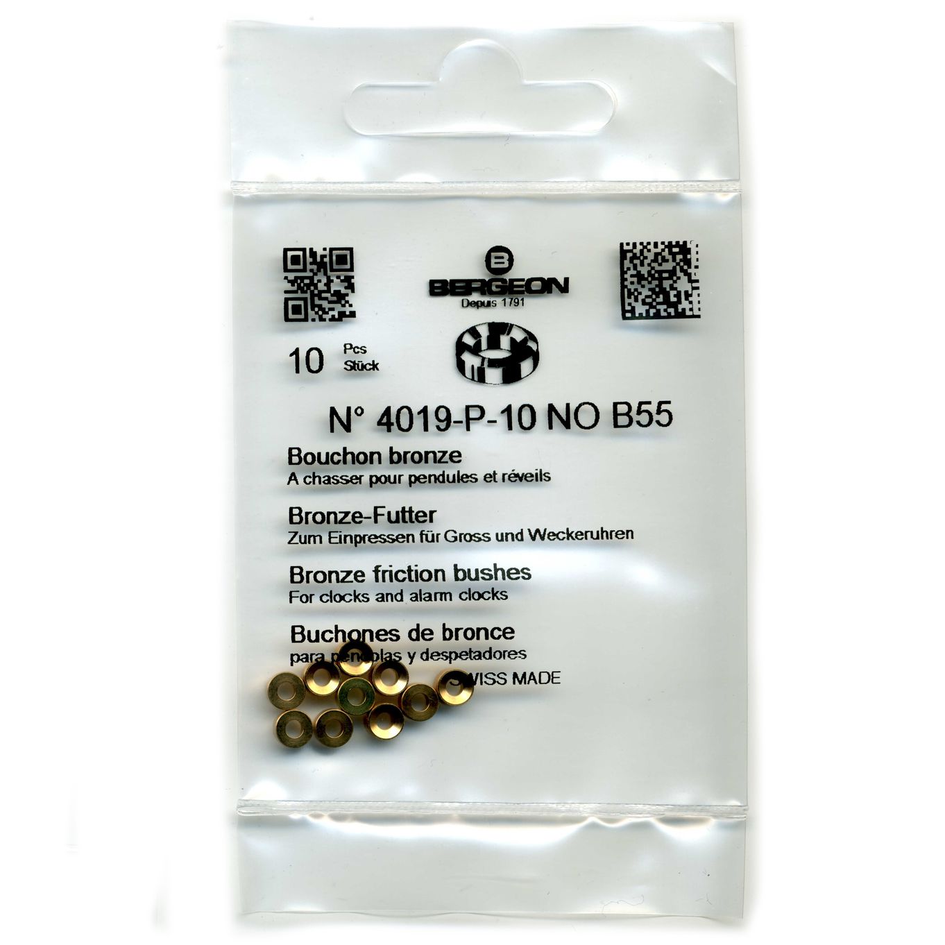 Bronze Clock Bushes B55 2.10mm x 2.00mm x 4.50mm Bergeon 4019 - CB1855