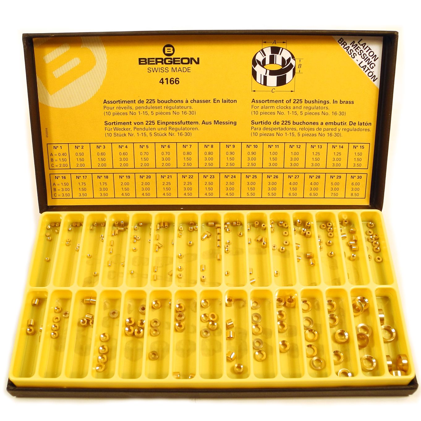 Bergeon 4166 Assortment Of 225 Brass Bergeon Bushes B1- B30 - CY7
