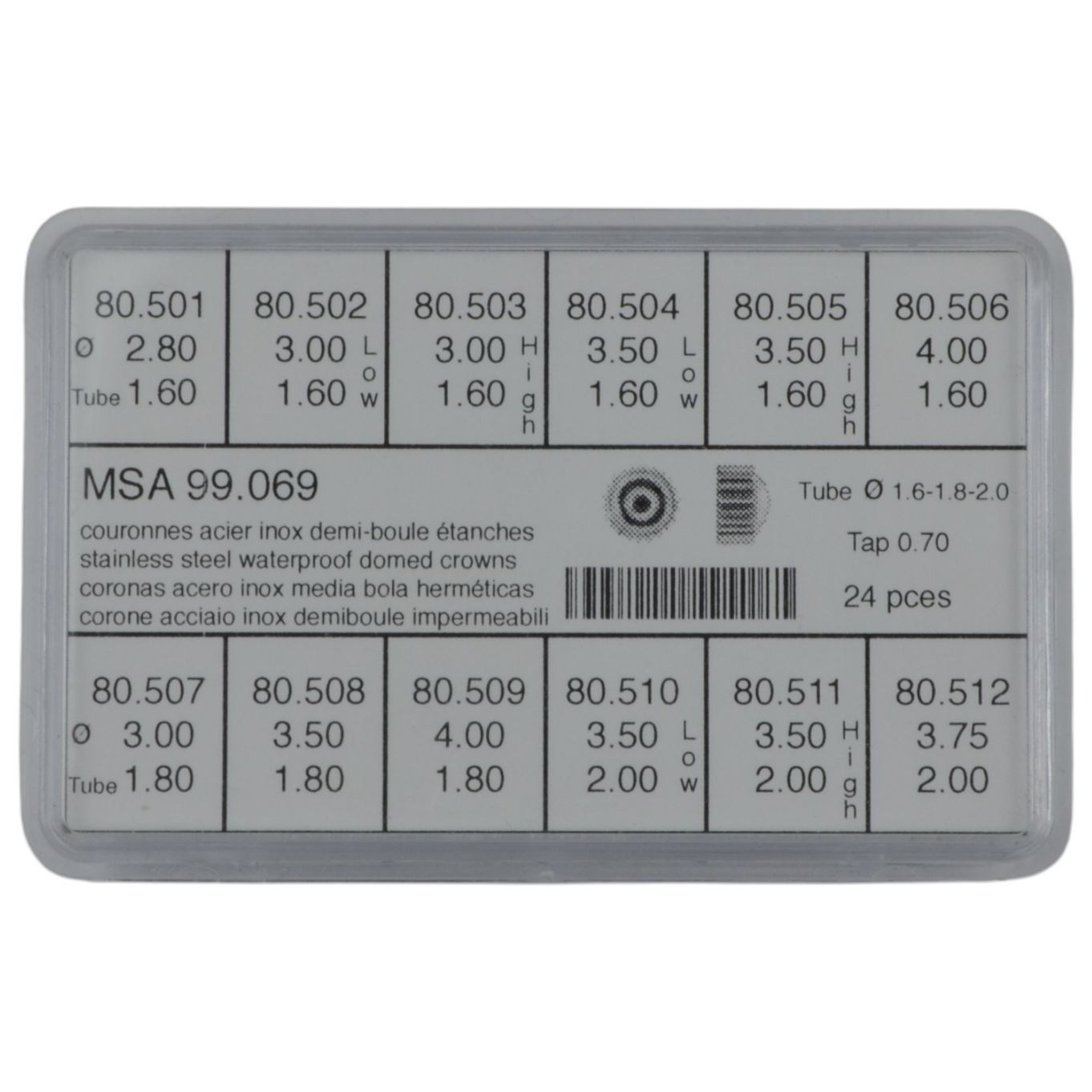 Assortment of 24 Stainless Steel Waterproof Domed Crowns MSA99.069 - MY245