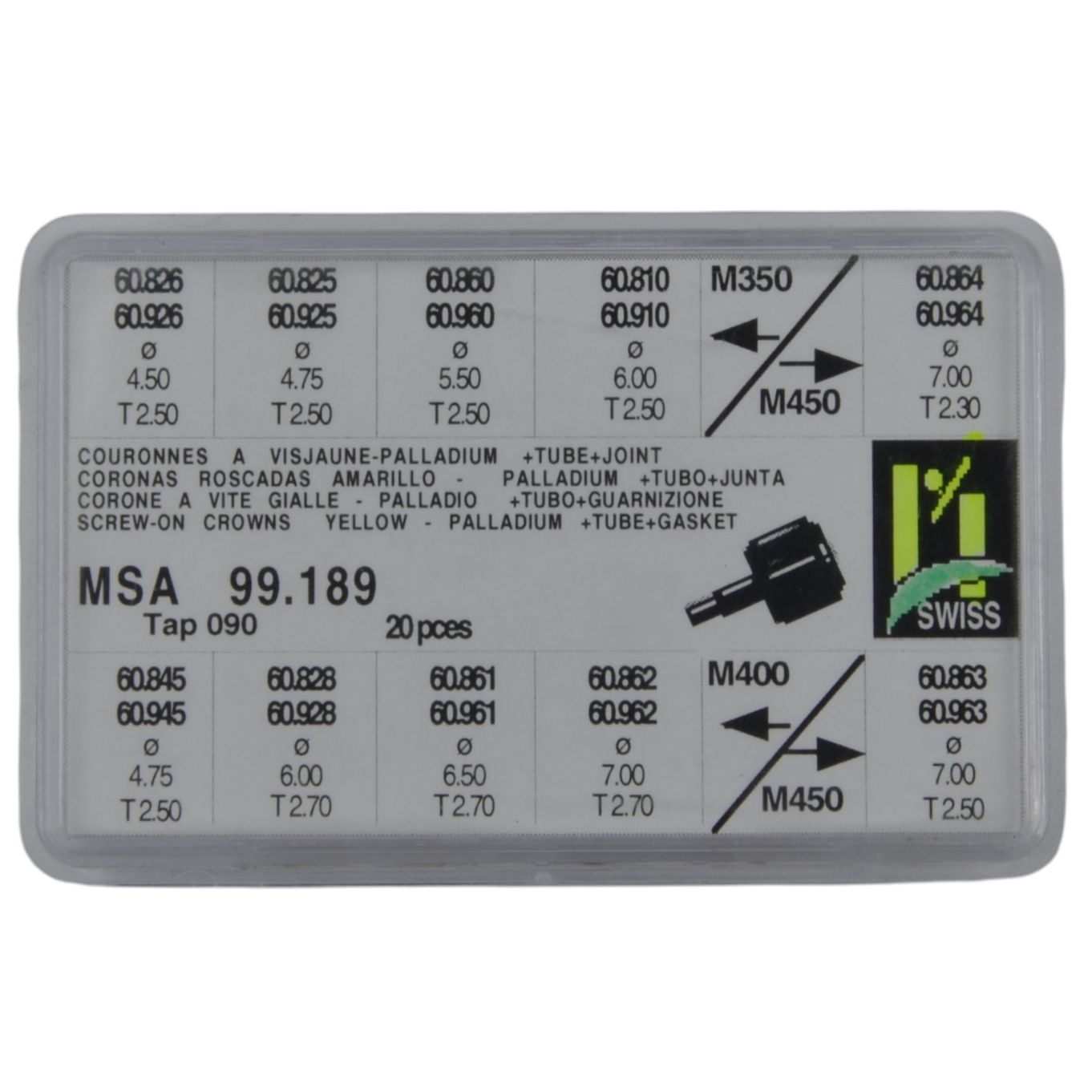 Assortment of Screw-on Crowns Yellow Palladium plus Tube & Gasket MSA99.189 - MY278