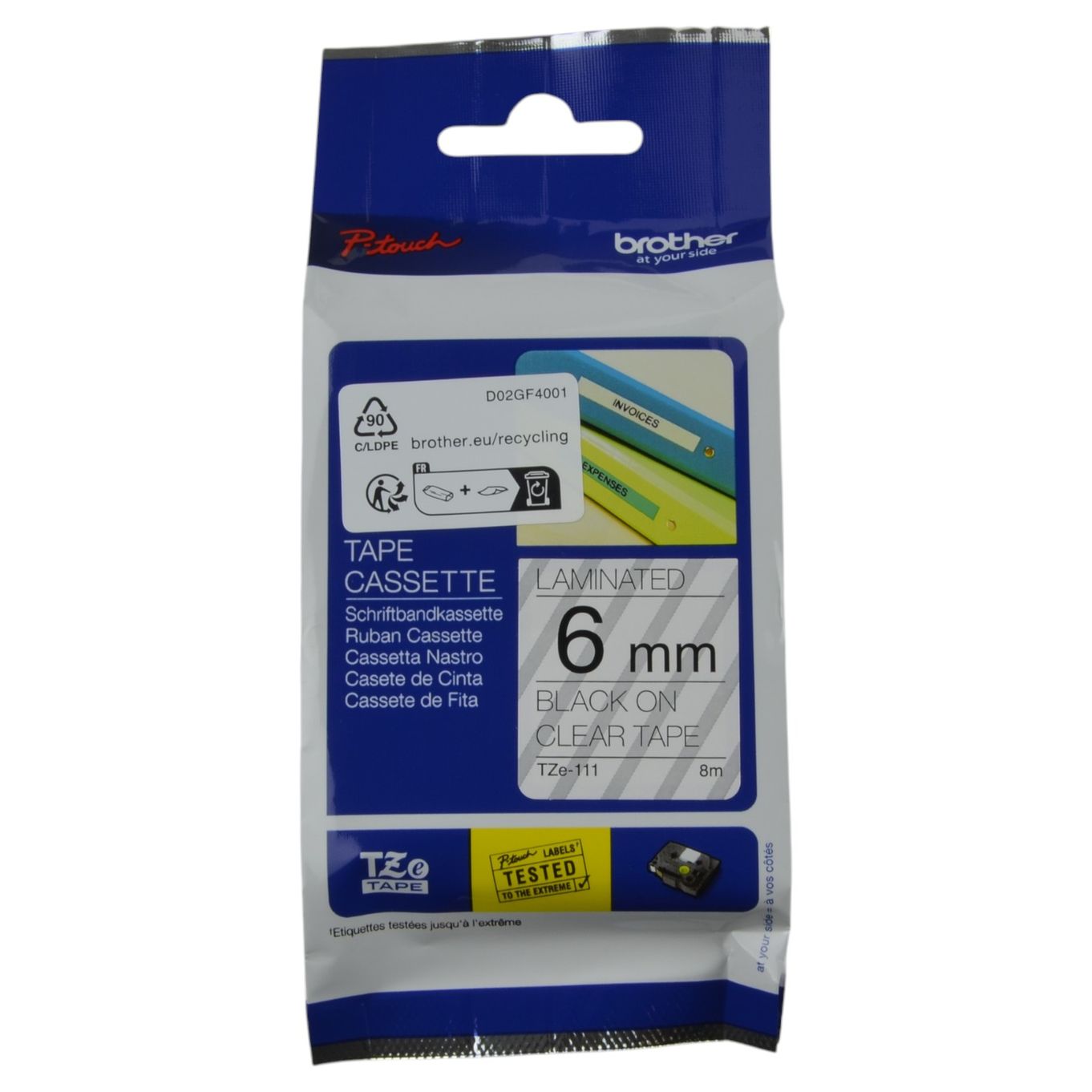 6mm Black on Clear Brother P-Touch Tape TZe-111 - HTZ111