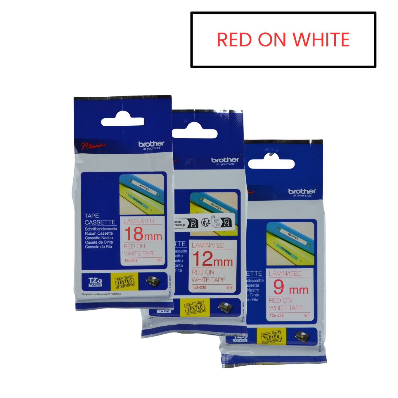 Red on White Brother P-Touch Labelling Tapes - HTZ***