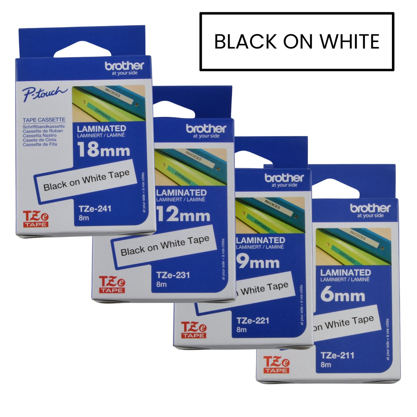Black on White Brother P-Touch Labelling Tapes - HTZ***