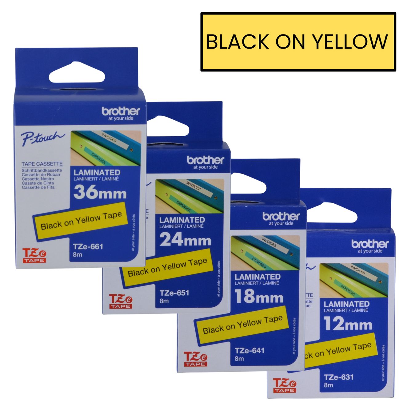 Black on Yellow Brother P-Touch Labelling Tapes - HTZ***