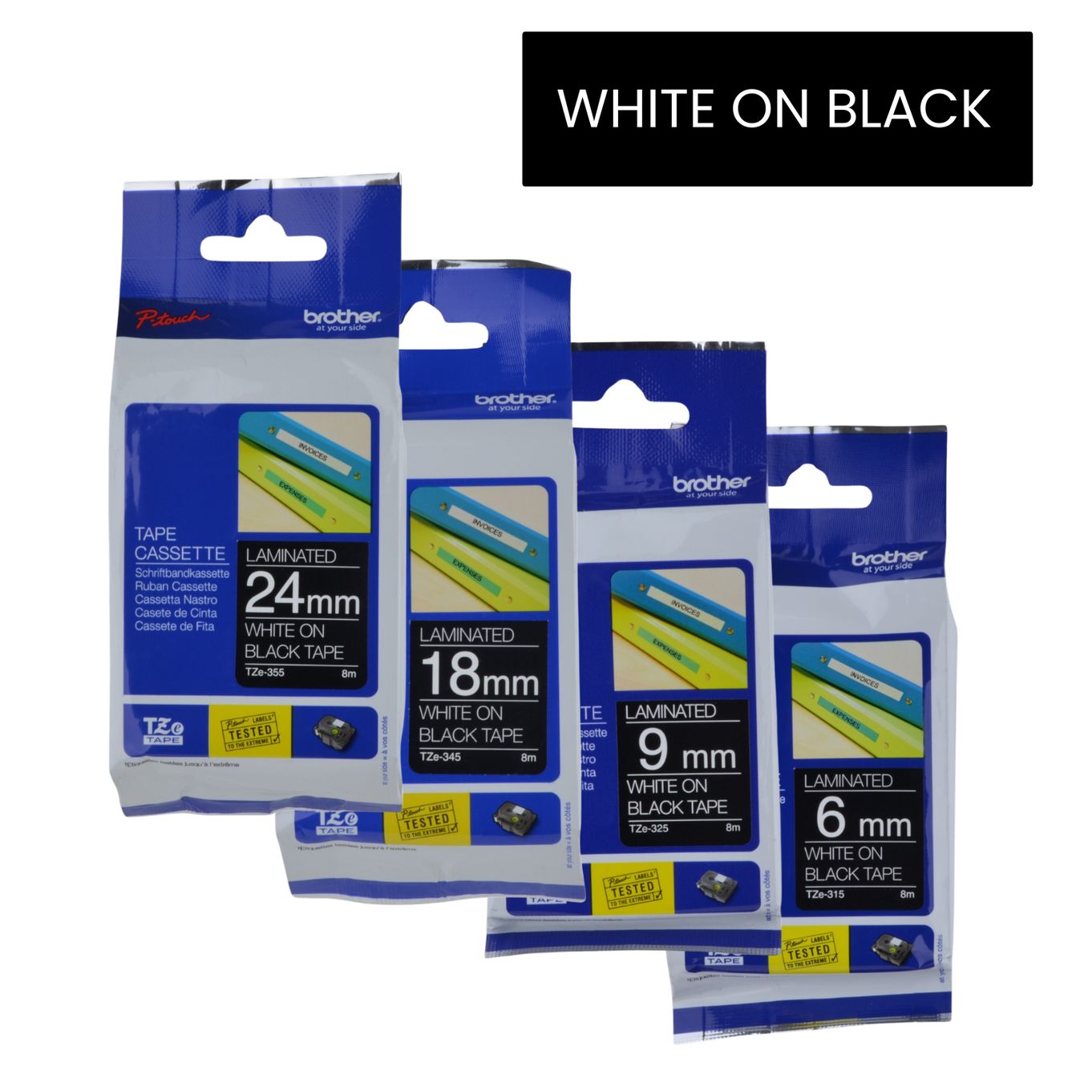 White on Black Brother P-Touch Labelling Tapes - HTZ***