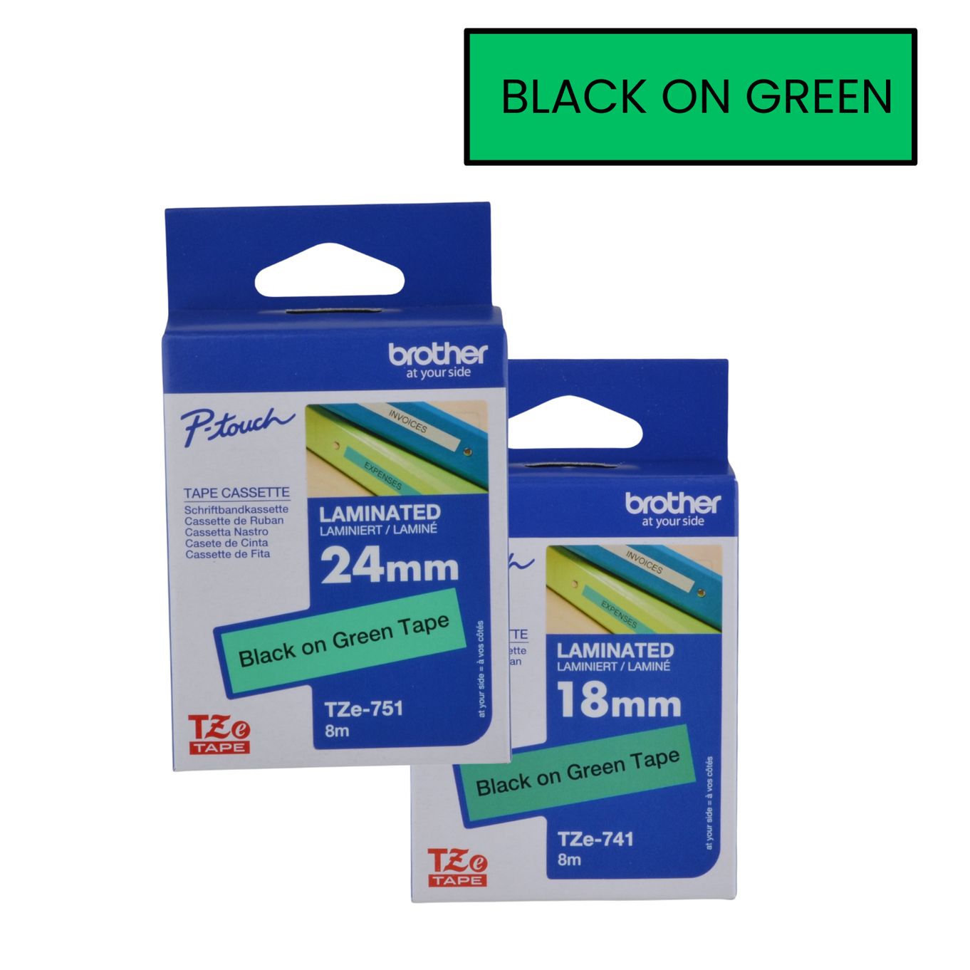 Black on Green Brother P-Touch Labelling Tapes  - HTZ***