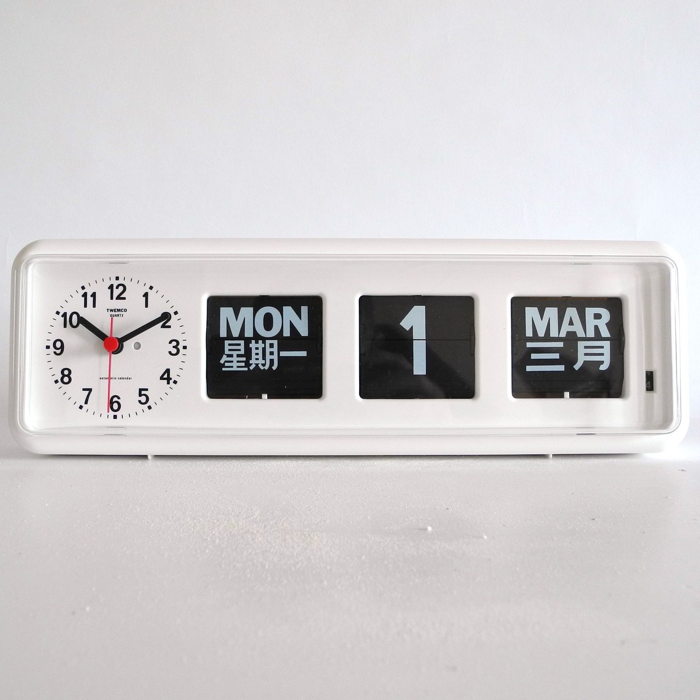 BILINGUAL DESKTOP CALENDAR CLOCK by TWEMCO in WHITE *LTD EDITION*